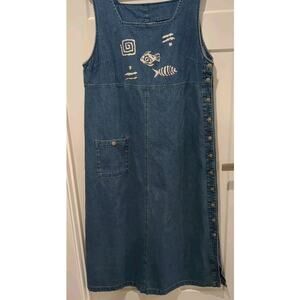 Vintage 90s Y2K Blue J Large Denim Jumper Dress Button Side Ocean Fish Detailed